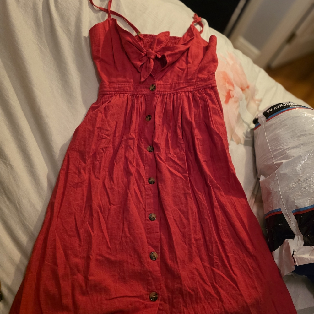 Red Midi Dress with Button Detail